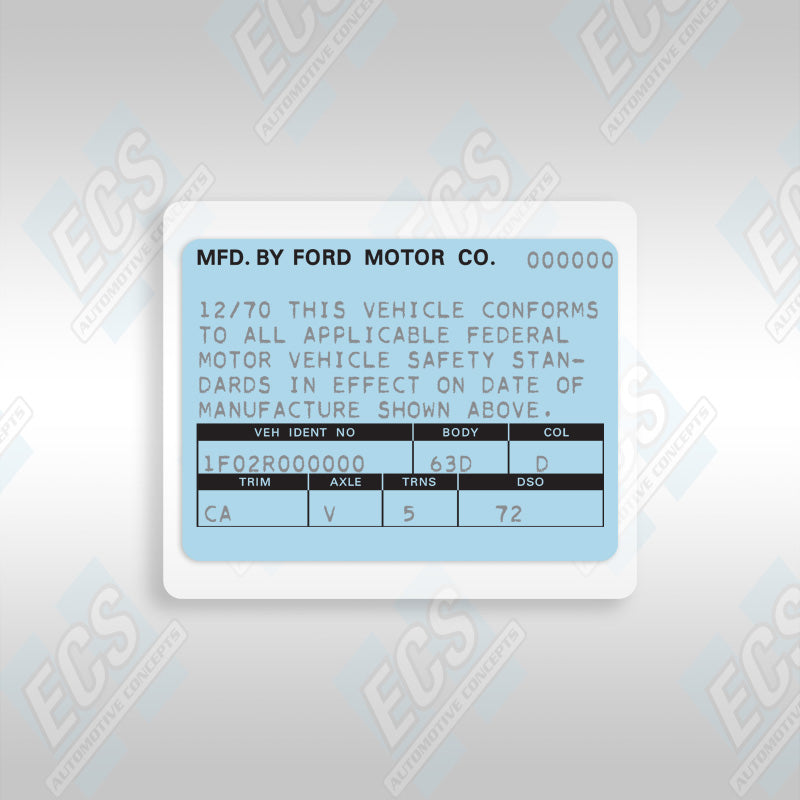 VIN Data Decal (1970-71 Ford Vehicles)