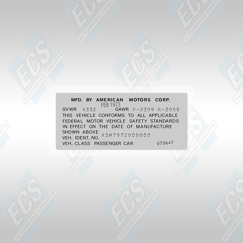 VIN Data Decal (1970-74 AMC Vehicles)