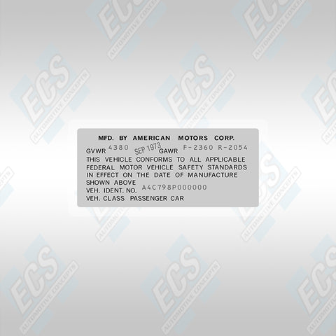 VIN Data Decal (1970-74 AMC Vehicles)