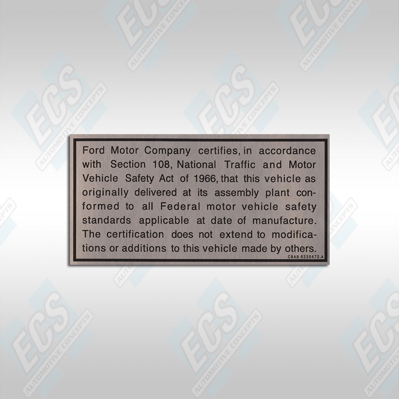 1968-69 Mustang: Vehicle Safety Act Decal