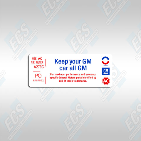 1967-70 GM: Air Cleaner Specification Decal (Multiple Codes Available!)
